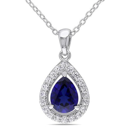 Silver - Sterling Silver  Blue And White Sapphire Halo Teardrop Necklace 