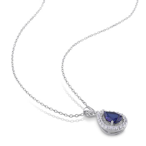 Silver - Sterling Silver  Blue And White Sapphire Halo Teardrop Necklace 