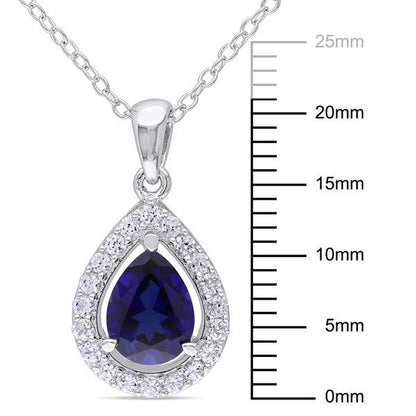 Silver - Sterling Silver  Blue And White Sapphire Halo Teardrop Necklace 